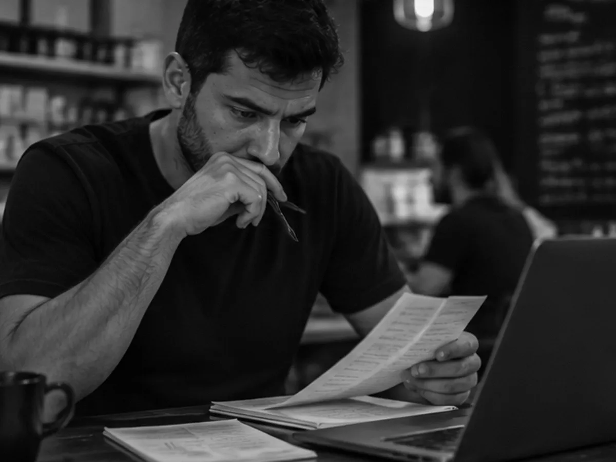 Dono de negócio conferindo um papel com cara de preocupado